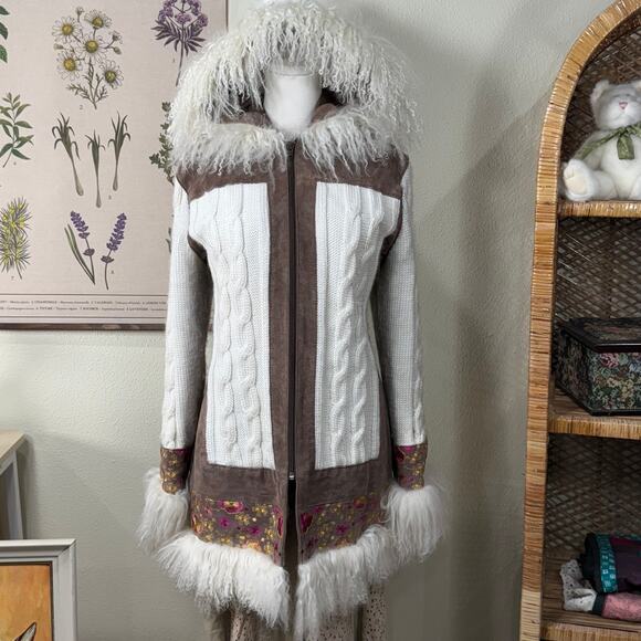 Leather Embroidered Hooded Fur Penny Lane Coat Hippie Boho Fairy Grunge Y2k XL - Picture 1 of 12